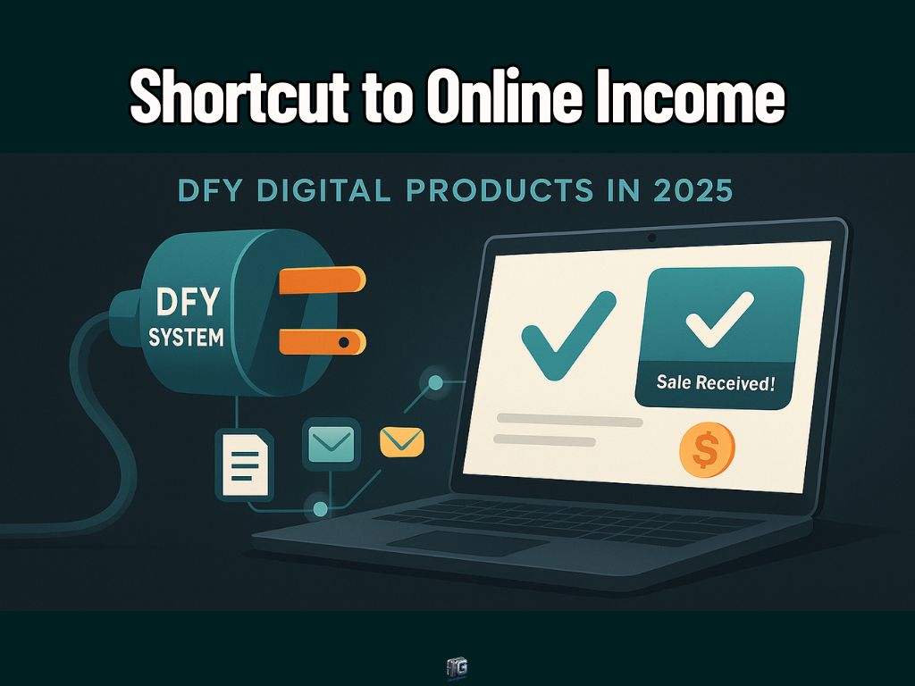 Illustration of a DFY system plug powering a laptop that shows “Sale Received!”, symbolizing automated income from done-for-you digital product systems in 2025.