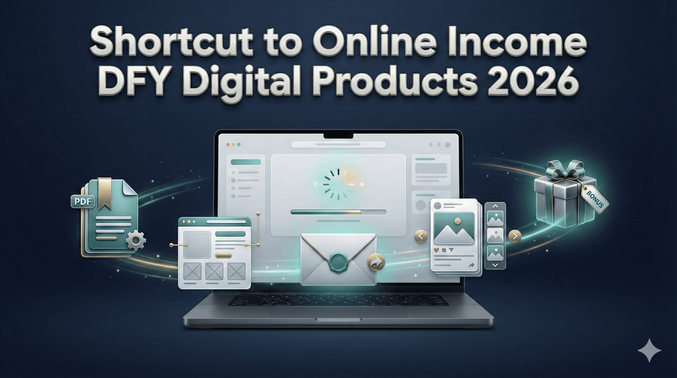 Laptop surrounded by icons representing PDFs, templates, emails, social media posts, and bonuses, with the headline "Shortcut to Online Income: DFY Digital Products 2026."
