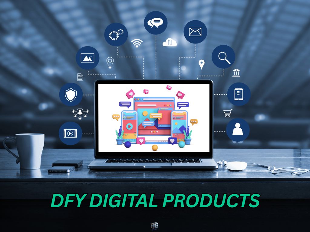 Laptop showing a digital dashboard with connected icons for email, video, eCommerce, and automation, symbolizing a done-for-you digital product system.