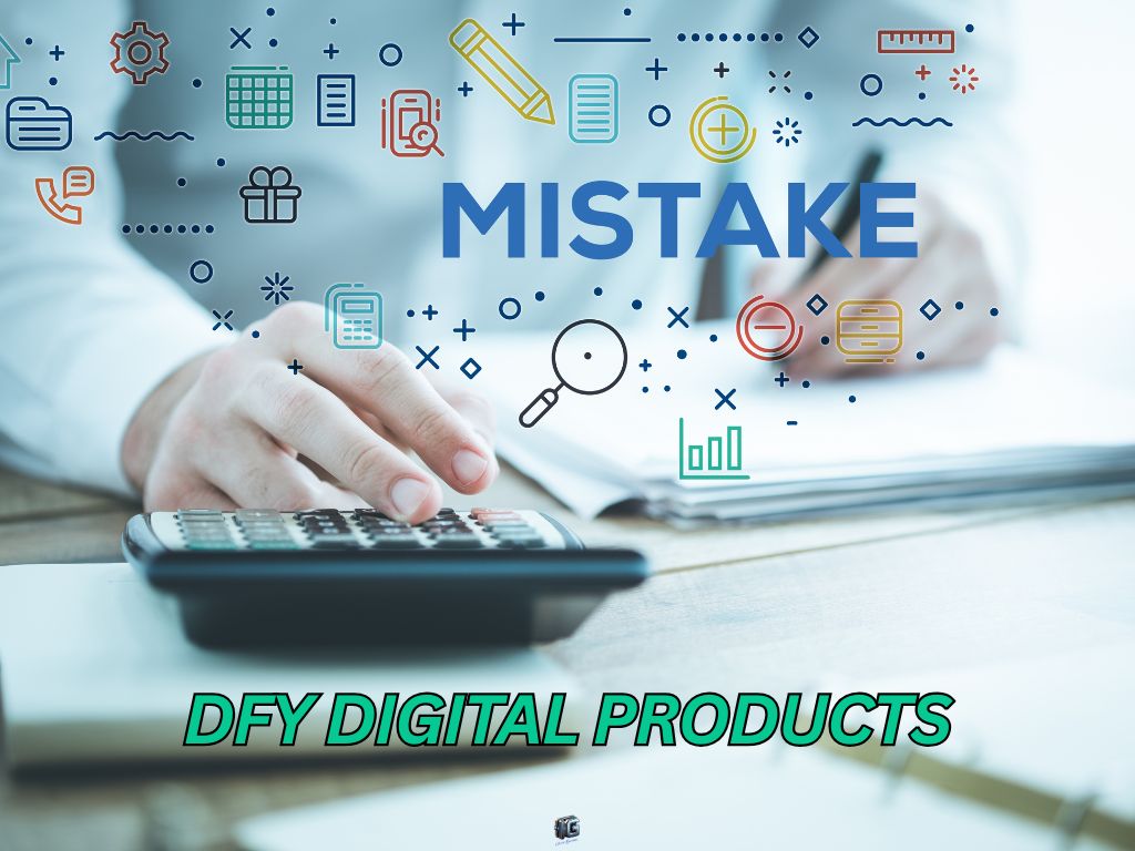 Close-up of hands using a calculator with the word “MISTAKE” and business icons, highlighting common errors in DFY digital product strategies.