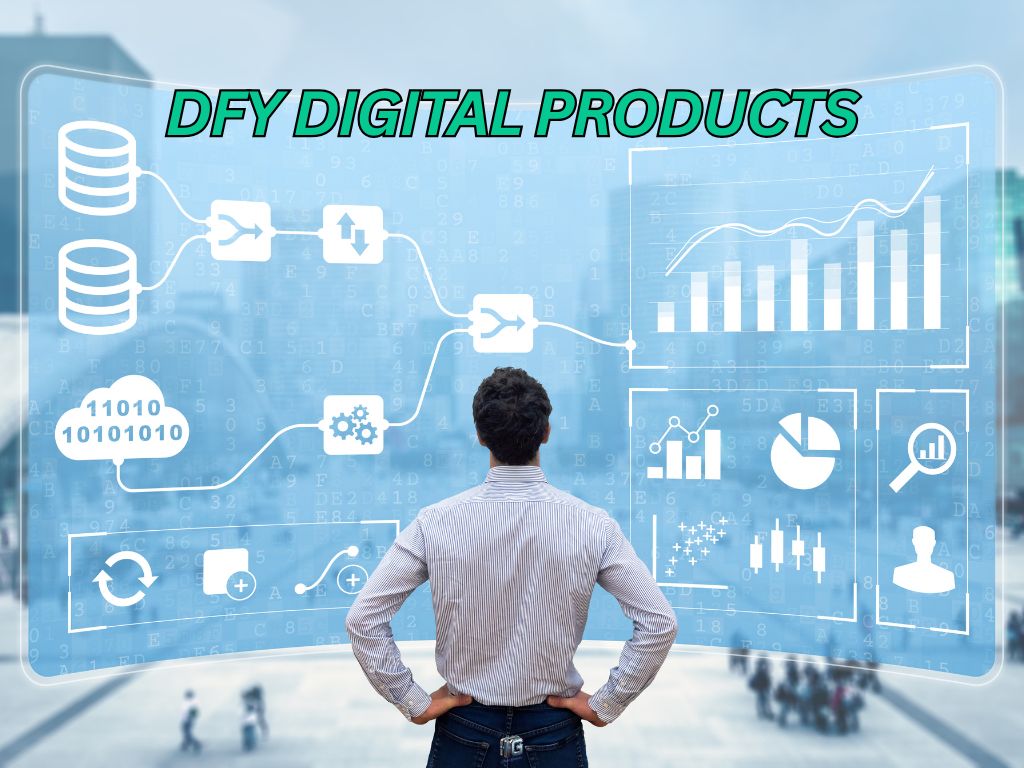 Man facing a large digital screen with charts, data flow diagrams, and automation icons, symbolizing done-for-you digital product systems and analytics.