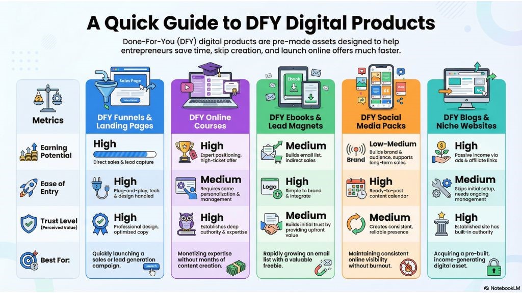 Comparison chart of DFY digital products: funnels, online courses, lead magnets, social media packs, and niche blogs with metrics on earning potential, ease, and trust.
