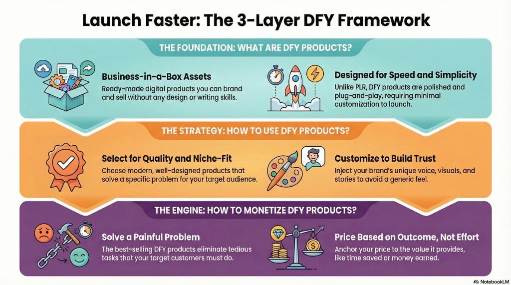 Three-layer DFY digital product framework showing foundation, strategy, and monetization steps with icons and actionable tips.