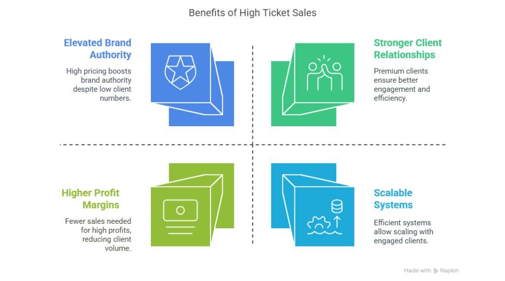 Infographic showing four key benefits of high ticket sales: Elevated Brand Authority, Stronger Client Relationships, Higher Profit Margins, and Scalable Systems, with simple colorful icons for each.