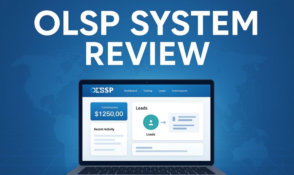 Laptop screen displaying the OLSP affiliate system dashboard with commission earnings, leads management, and navigation tabs, set against a blue world map background with bold "OLSP System Review" text above.