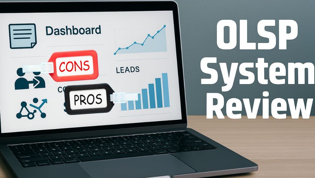 Laptop screen showing an OLSP affiliate dashboard with labeled "PROS" and "CONS" tags, performance charts, and lead generation graphics, alongside bold "OLSP System Review" text on a neutral background.