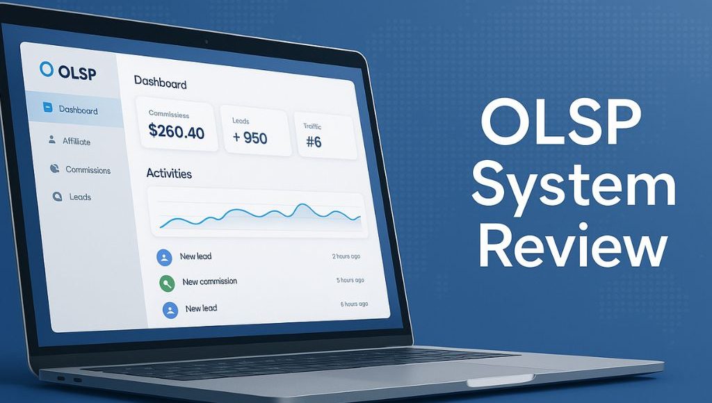 Modern laptop screen displaying the OLSP affiliate dashboard with earnings, leads, and traffic stats, placed next to bold text reading "OLSP System Review" on a blue background.