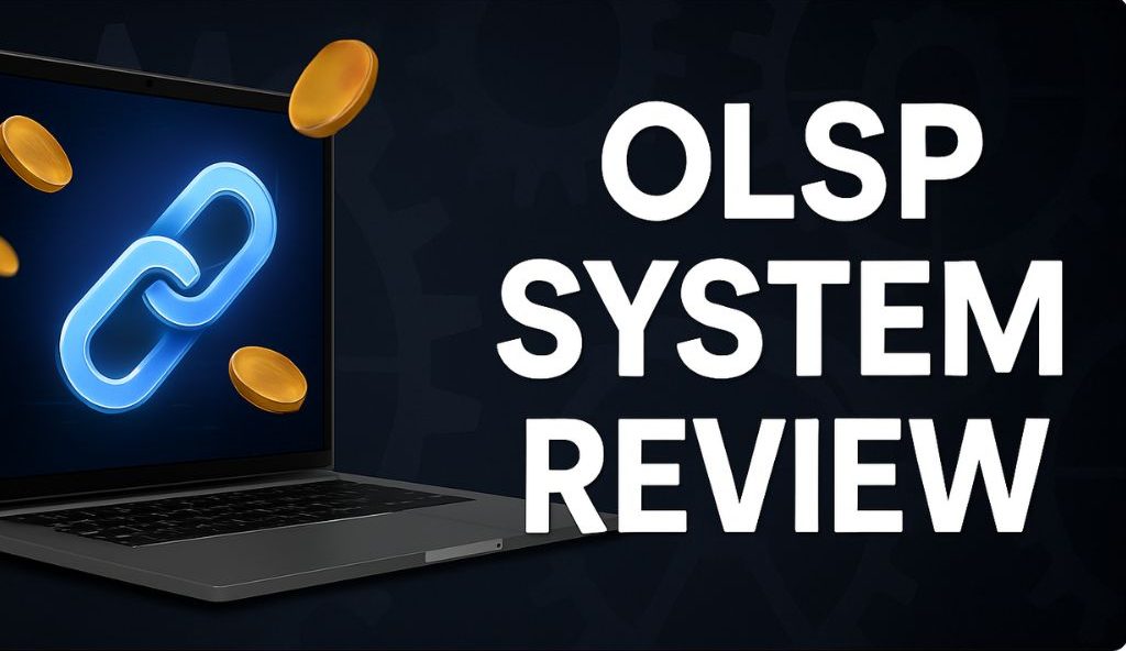 Dark-themed graphic showing a laptop with a glowing blue link icon and golden coins, representing affiliate earnings, beside bold "OLSP System Review" text.