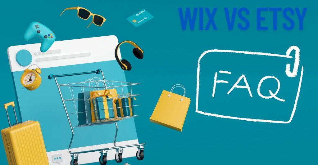 3D shopping cart and retail elements representing eCommerce, with “Wix vs Etsy FAQ” text highlighting a comparison between selling platforms and common questions.