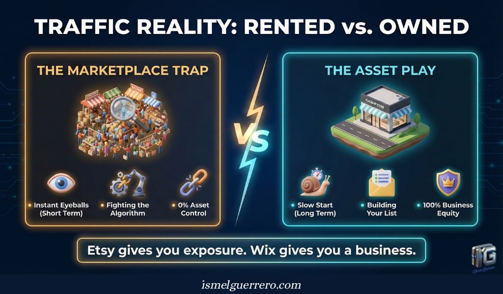 “Side-by-side comparison of Etsy’s rented traffic model vs. Wix’s owned asset strategy, highlighting short-term exposure versus long-term control and equity.”