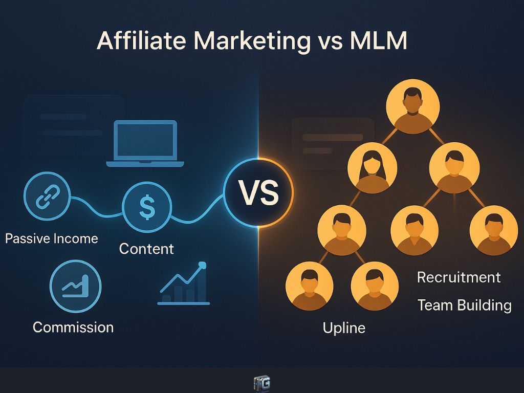 Comparison chart showing affiliate marketing benefits like passive income and content versus MLM’s focus on recruitment and team hierarchy.