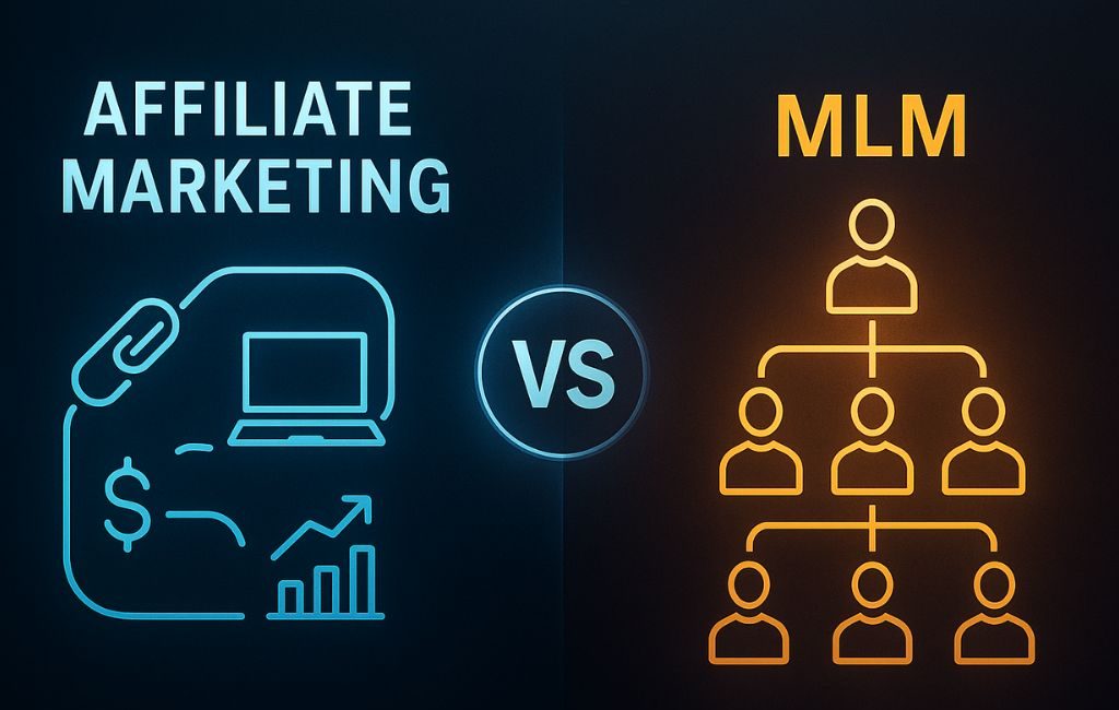 Simple graphic showing affiliate marketing with laptop and growth icons versus MLM with a hierarchical network of people.