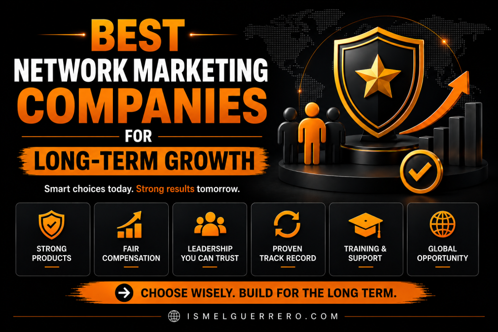 Hero image titled “Best Network Marketing Companies for Long-Term Growth” showing a shield, team icons, growth chart, and checklist points for strong products, fair compensation, trustworthy leadership, proven track record, training, support, and global opportunity.