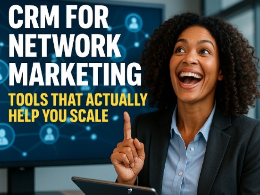 Smiling businesswoman promoting CRM tools for network marketing with bold text about scalable solutions in the background.