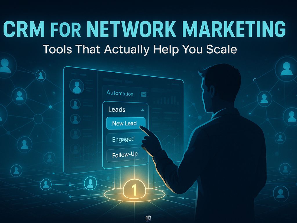 Man using CRM software for network marketing with a virtual dashboard showing lead stages like new, engaged, and follow-up.
