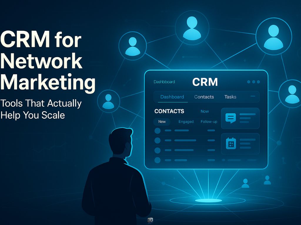 CRM for network marketing graphic showing dashboard and connected user icons representing scalable contact management tools.