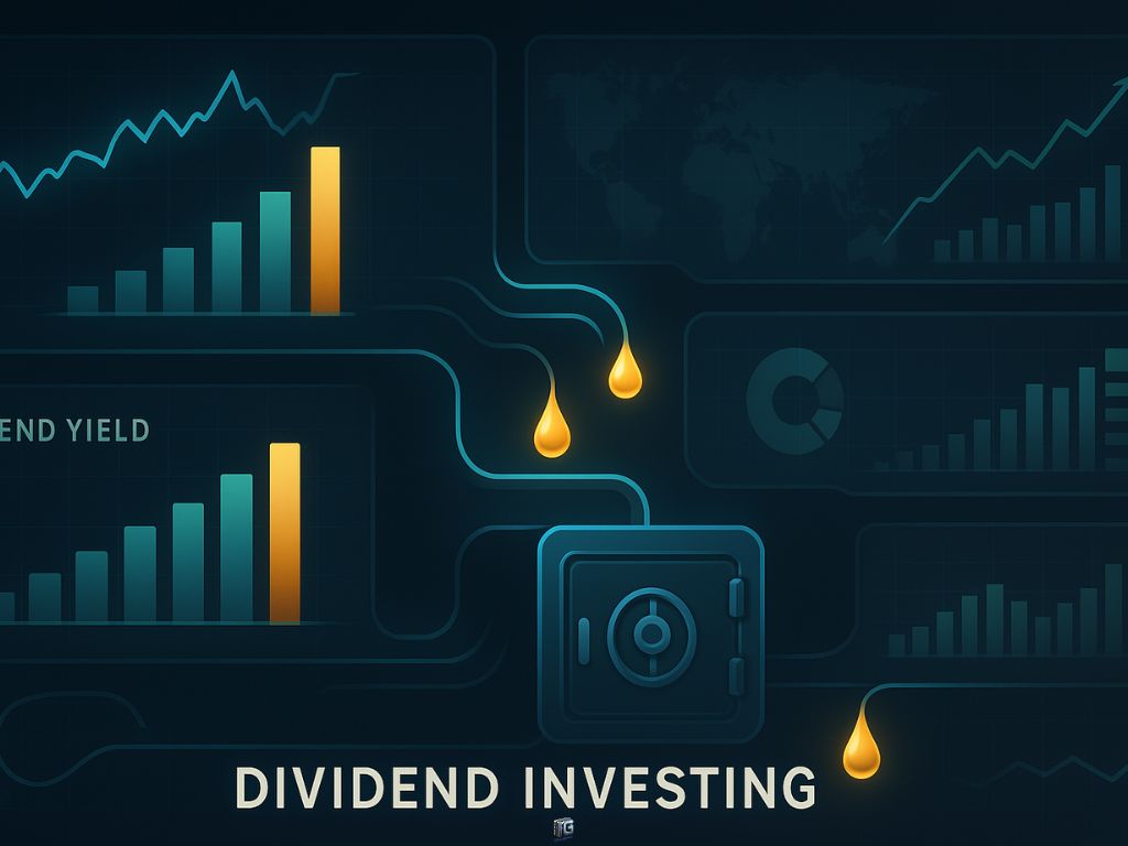 Illustration showing dividend charts and golden drops flowing into a vault, symbolizing automated income from dividend investing.