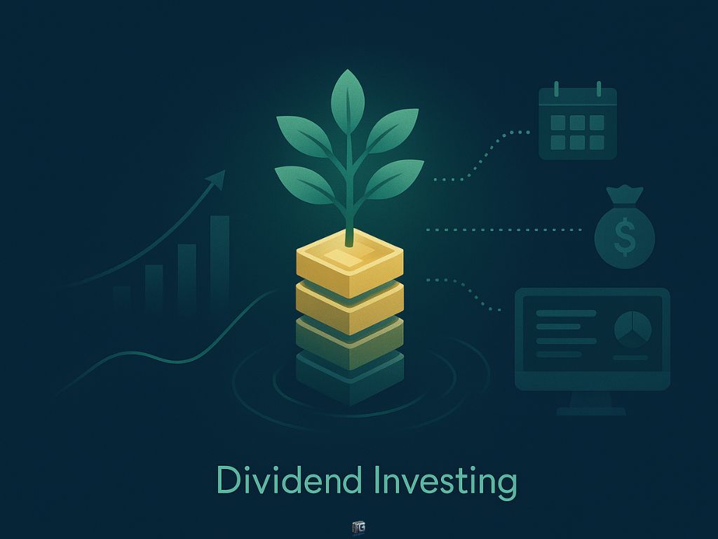 Illustration of a green plant growing from gold blocks, surrounded by icons representing growth, calendar payouts, financial returns, and analytics, with the text "Dividend Investing."