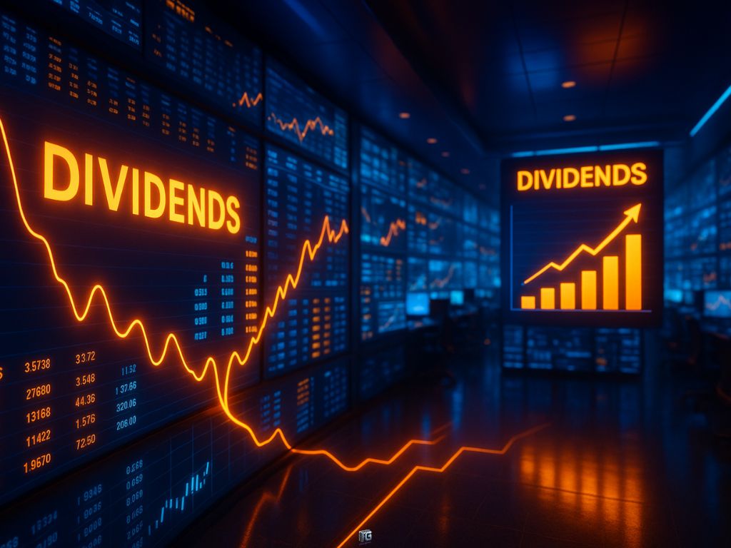 Stock market room with glowing dividend charts and upward-trending graphs symbolizing rising dividend income.