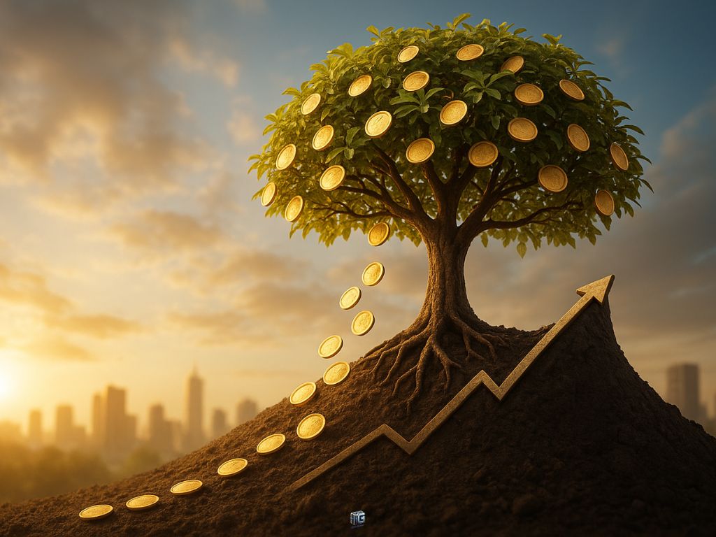 Tree with gold coins growing from its branches, rooted in soil shaped like an upward arrow, with coins flowing along the arrow toward a city skyline.