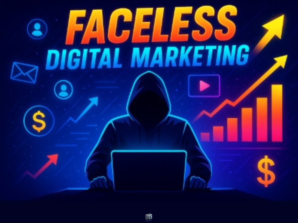 Faceless digital marketer in hoodie using laptop surrounded by icons for email, video, automation, and income growth; concept art for anonymous online business success and hidden influencer strategy.