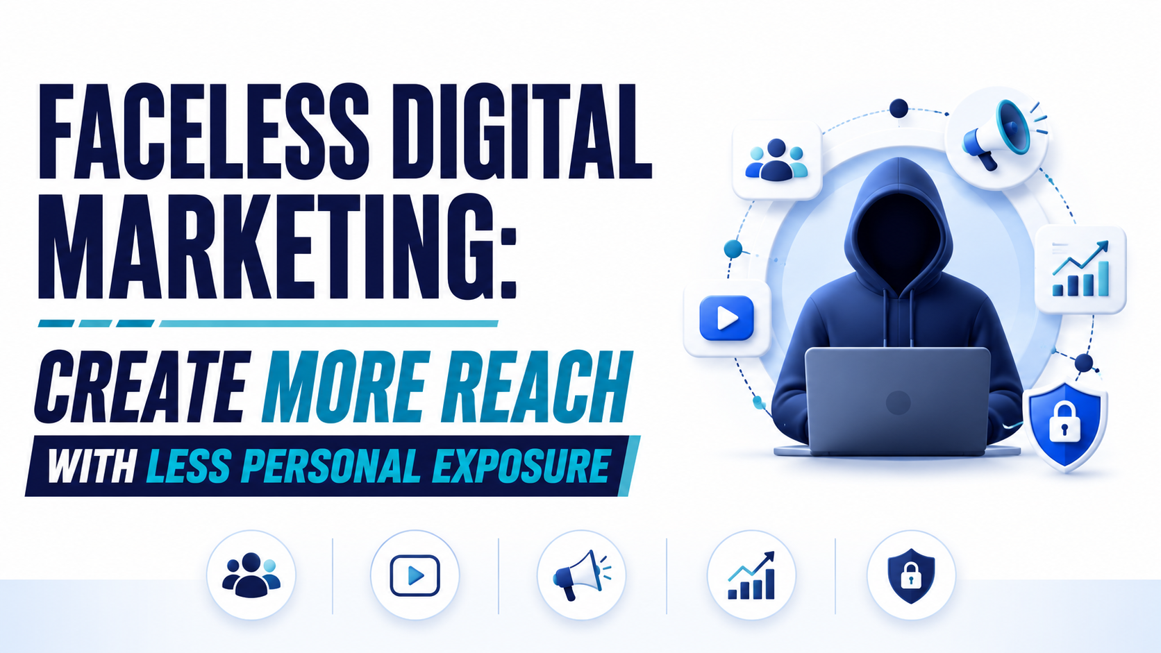 Hero image titled “Faceless Digital Marketing. Create More Reach With Less Personal Exposure” showing a faceless person at a laptop surrounded by icons for audience, video, promotion, growth, and privacy.