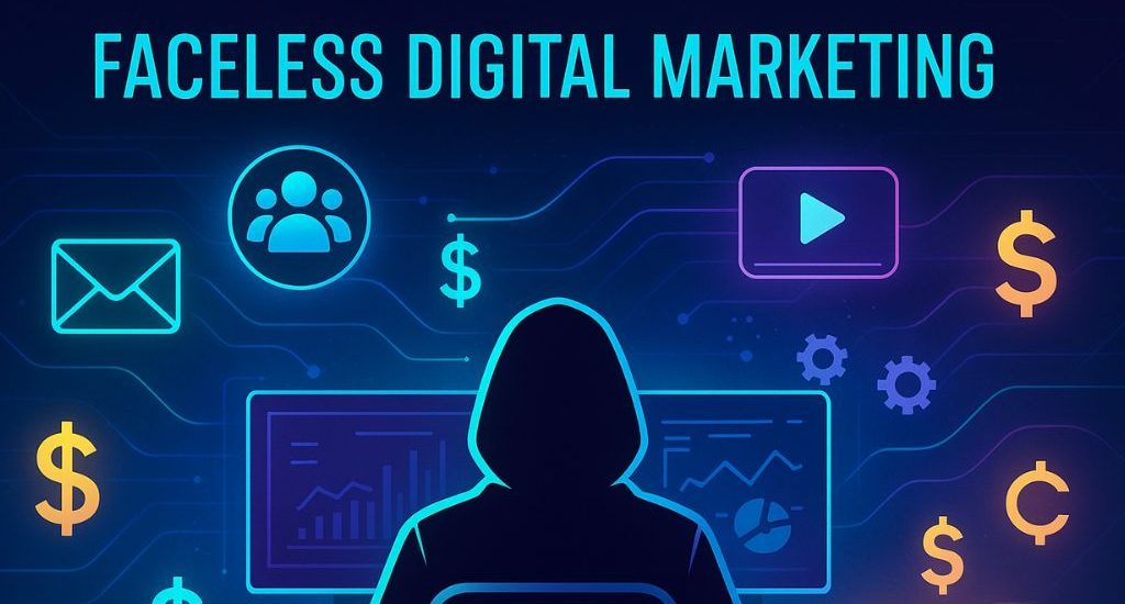 Illustration of faceless digital marketing featuring an anonymous figure at a desk with glowing data screens, surrounded by icons for email, video, automation, and income, representing hidden influencer strategies.
