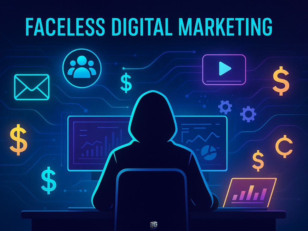 Illustration of faceless digital marketing featuring an anonymous figure at a desk with glowing data screens, surrounded by icons for email, video, automation, and income, representing hidden influencer strategies.