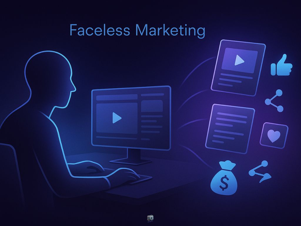 Faceless person using computer to publish content with icons of likes, shares, and money—illustrating faceless marketing.