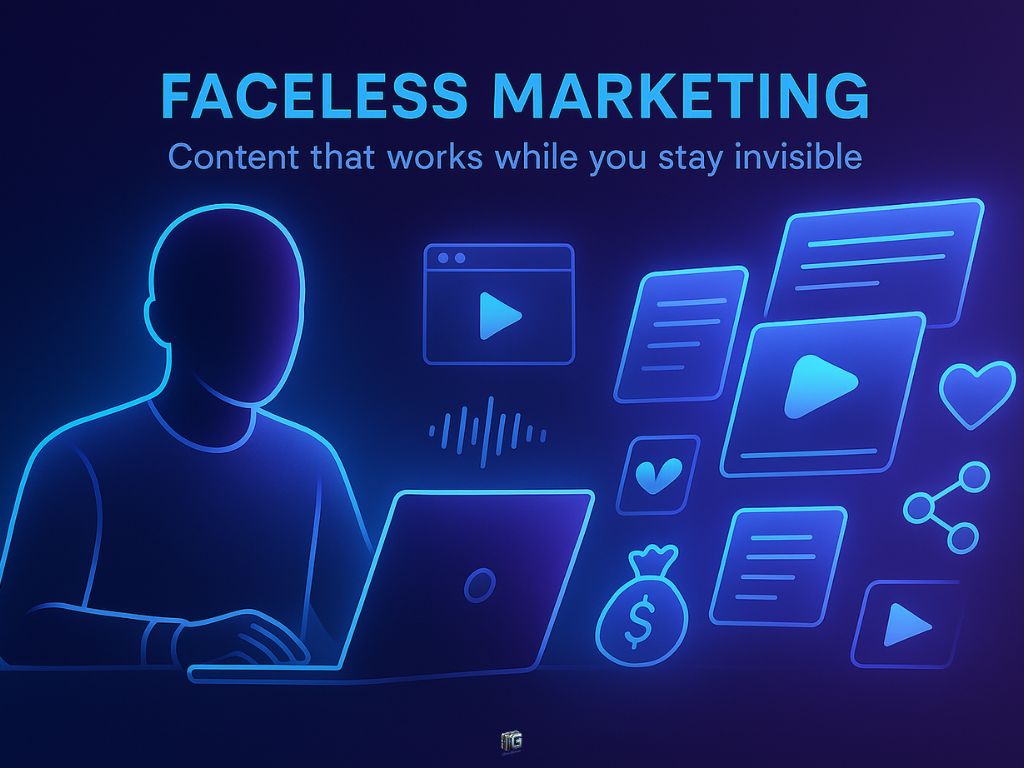 Faceless figure using laptop surrounded by icons of content, engagement, and money—symbolizing invisible digital marketing strategy.