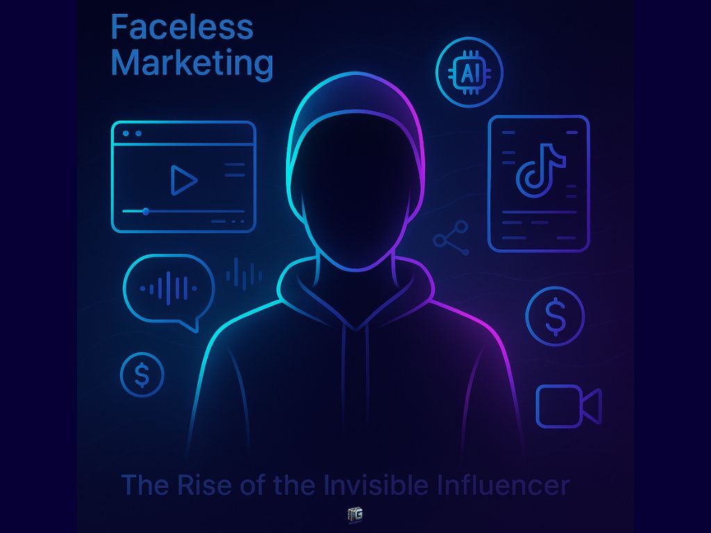 Faceless hooded figure with digital icons around it, symbolizing the rise of anonymous influencers in AI-powered marketing.