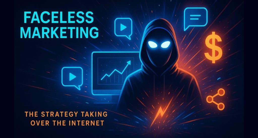 Hooded faceless figure surrounded by digital marketing icons representing faceless marketing strategy.