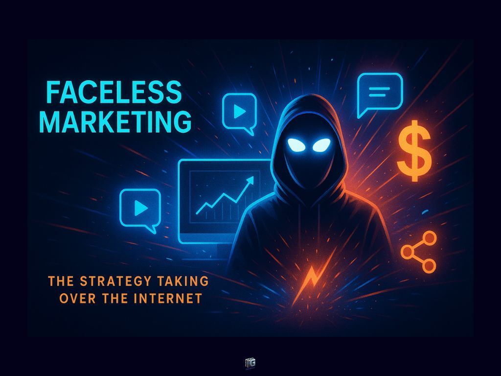 Hooded faceless figure surrounded by digital marketing icons representing faceless marketing strategy.