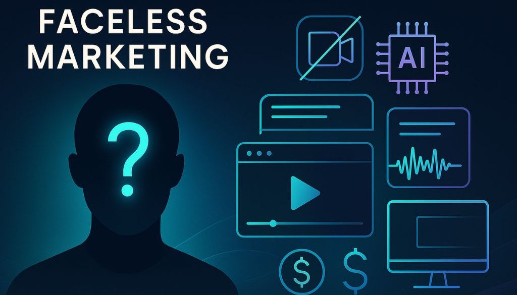 Silhouette with question mark face surrounded by icons of AI, video, audio, and monetization—representing faceless marketing.