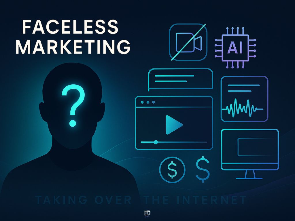 Silhouette with question mark face surrounded by icons of AI, video, audio, and monetization—representing faceless marketing.