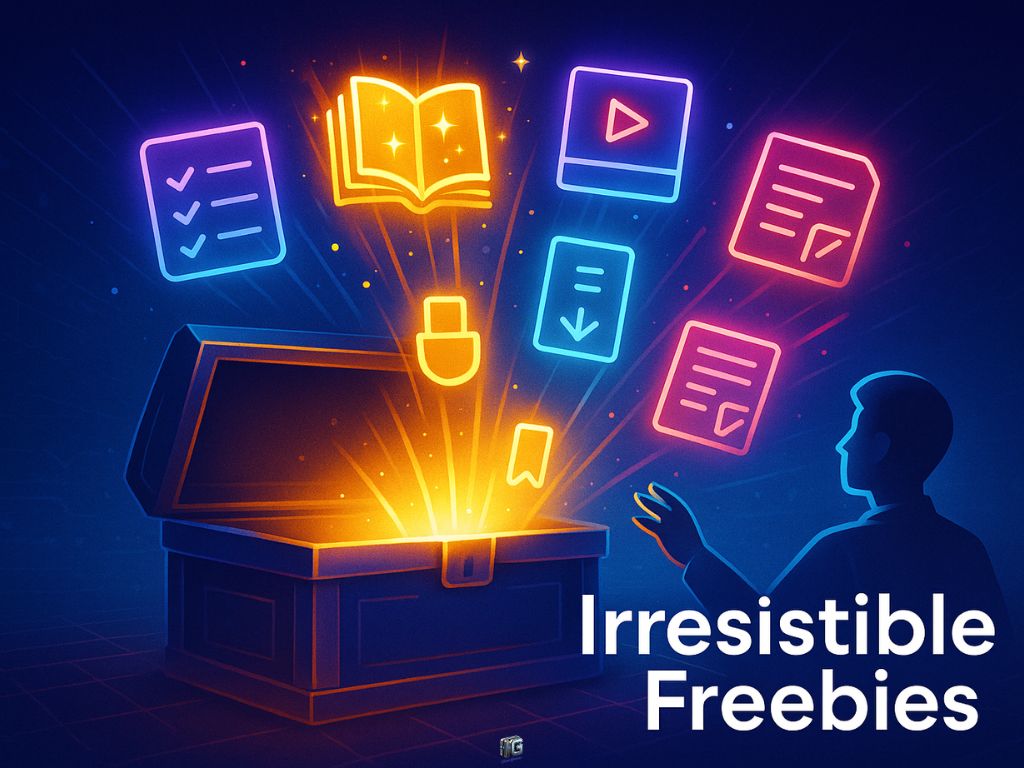 Illustration of a glowing treasure chest releasing free digital content icons like checklists, eBooks, videos, and downloads, with the headline “Irresistible Freebies.”