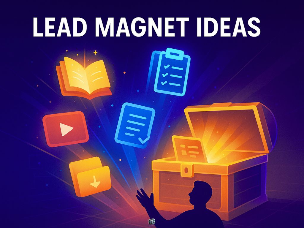 Colorful illustration of lead magnet ideas with icons for checklists, eBooks, downloads, and videos emerging from a glowing treasure chest, symbolizing valuable free content for audience engagement.