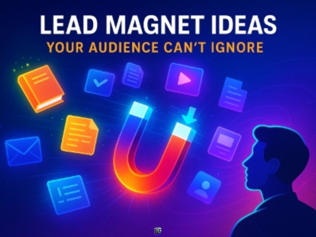 Bright digital graphic showing a magnet attracting lead magnet content types like eBooks, checklists, videos, and email icons, with the headline “Lead Magnet Ideas Your Audience Can’t Ignore.”

