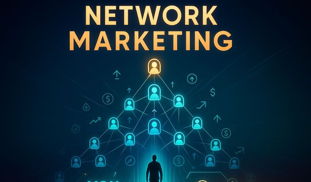 Network marketing pyramid structure with a person at the bottom labeled “YOU,” connected to multiple glowing user icons and financial symbols, representing MLM and team-building growth.