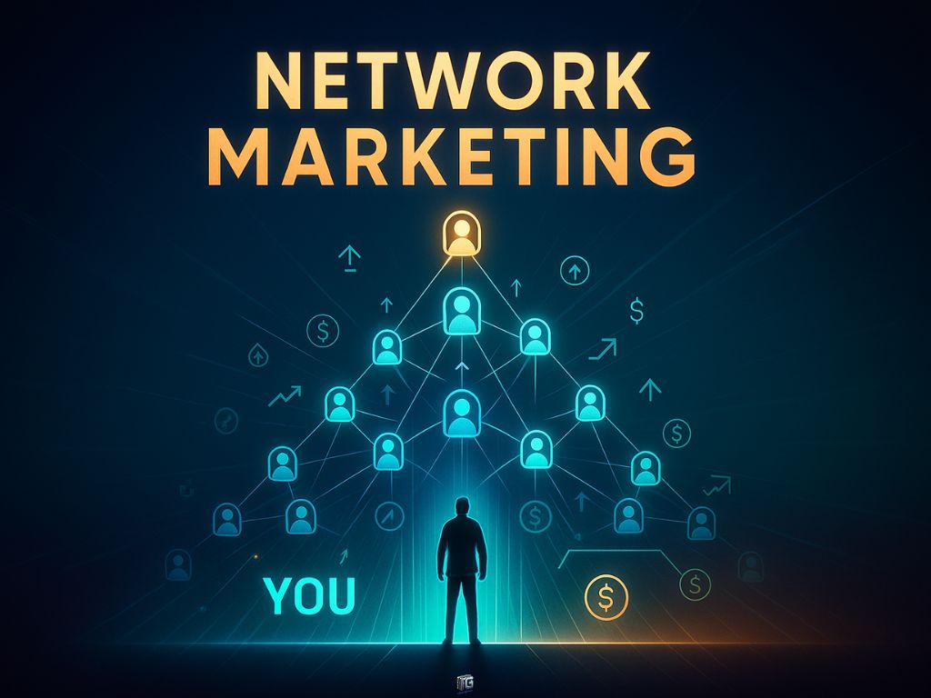 Network marketing pyramid structure with a person at the bottom labeled “YOU,” connected to multiple glowing user icons and financial symbols, representing MLM and team-building growth.