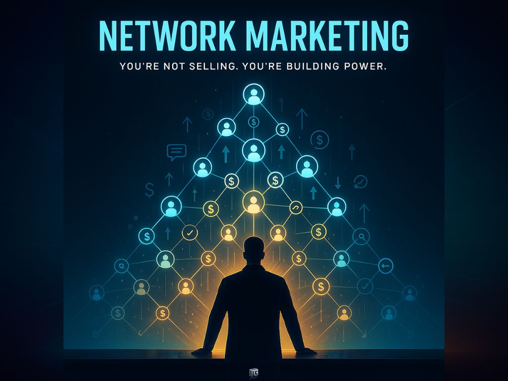 Silhouette of a person looking at a glowing network marketing pyramid with people and dollar icons, symbolizing team building, passive income, and business leverage.