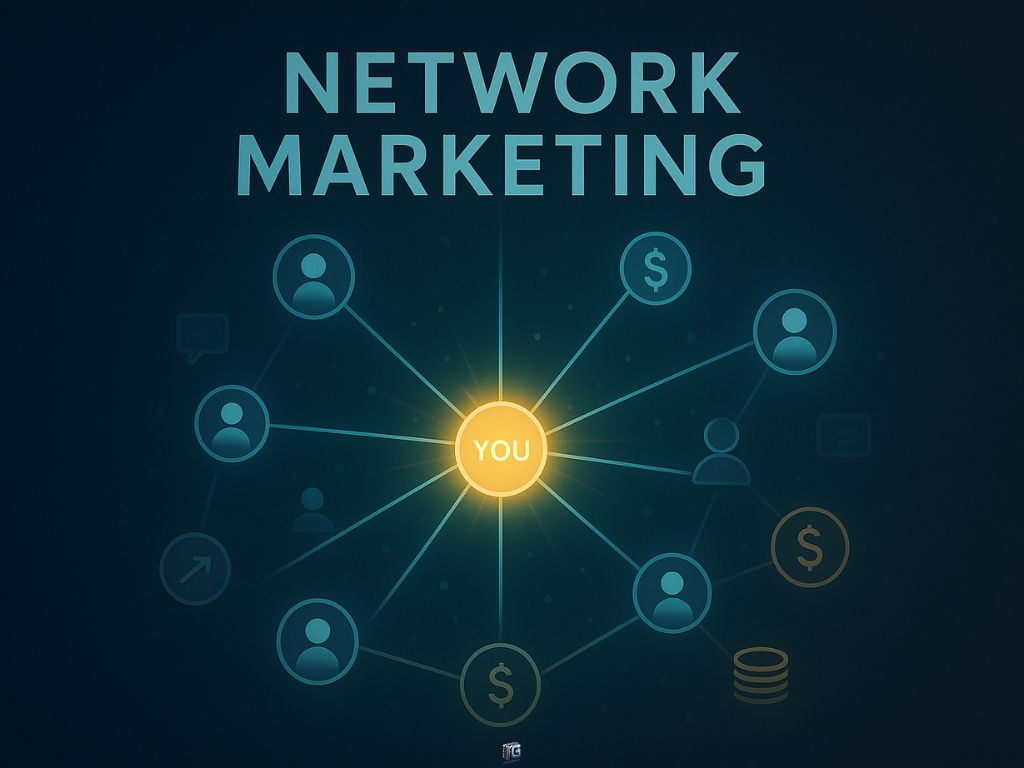 Network marketing diagram showing “YOU” at the center, connected to people and money icons, symbolizing personal leverage and income growth through direct referrals.