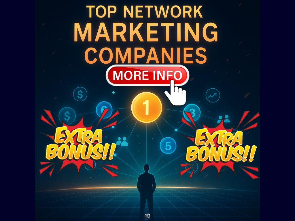 Top network marketing companies image with bonus offer highlights, numbered rankings, and a red “More Info” button prompting action.