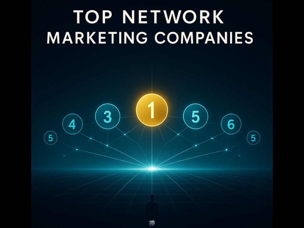 Visual ranking of top network marketing companies with glowing number icons and digital network background.