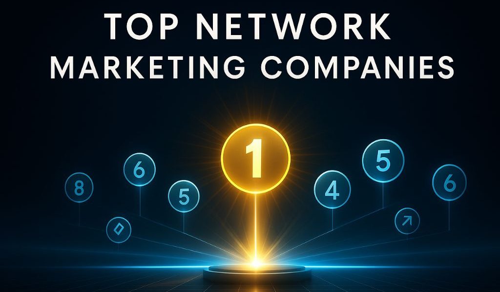 Ranking chart highlighting the top network marketing companies with glowing number icons and futuristic digital theme.
