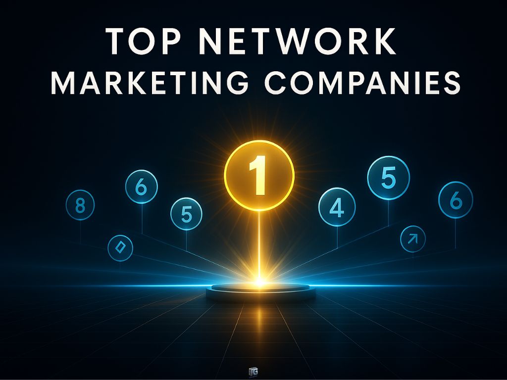 Ranking chart highlighting the top network marketing companies with glowing number icons and futuristic digital theme.