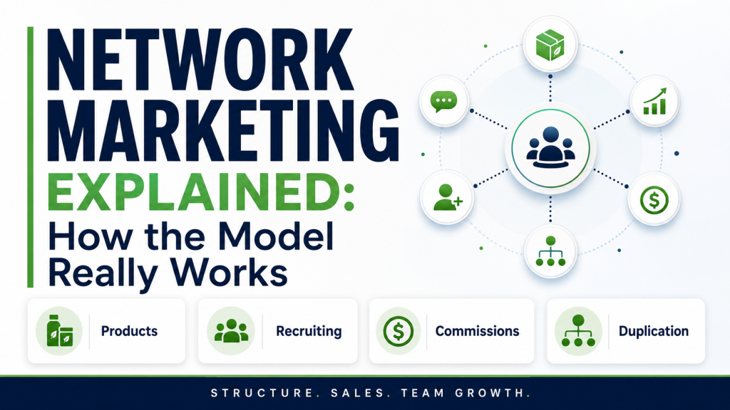 Hero image titled “Network Marketing Explained. How the Model Really Works” showing a network diagram with team, product, recruiting, commission, and duplication icons, plus key points for structure, sales, and team growth.