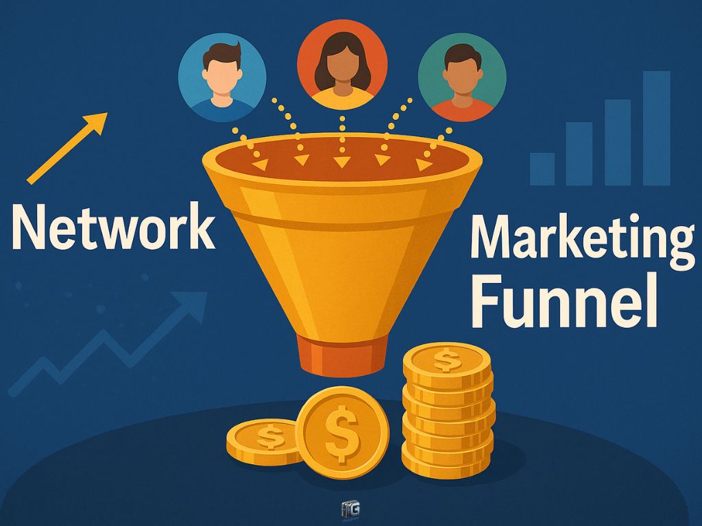 Illustration of a network marketing funnel converting leads into profits, with user avatars entering a golden funnel and coins emerging at the bottom—symbolizing income from downlines.