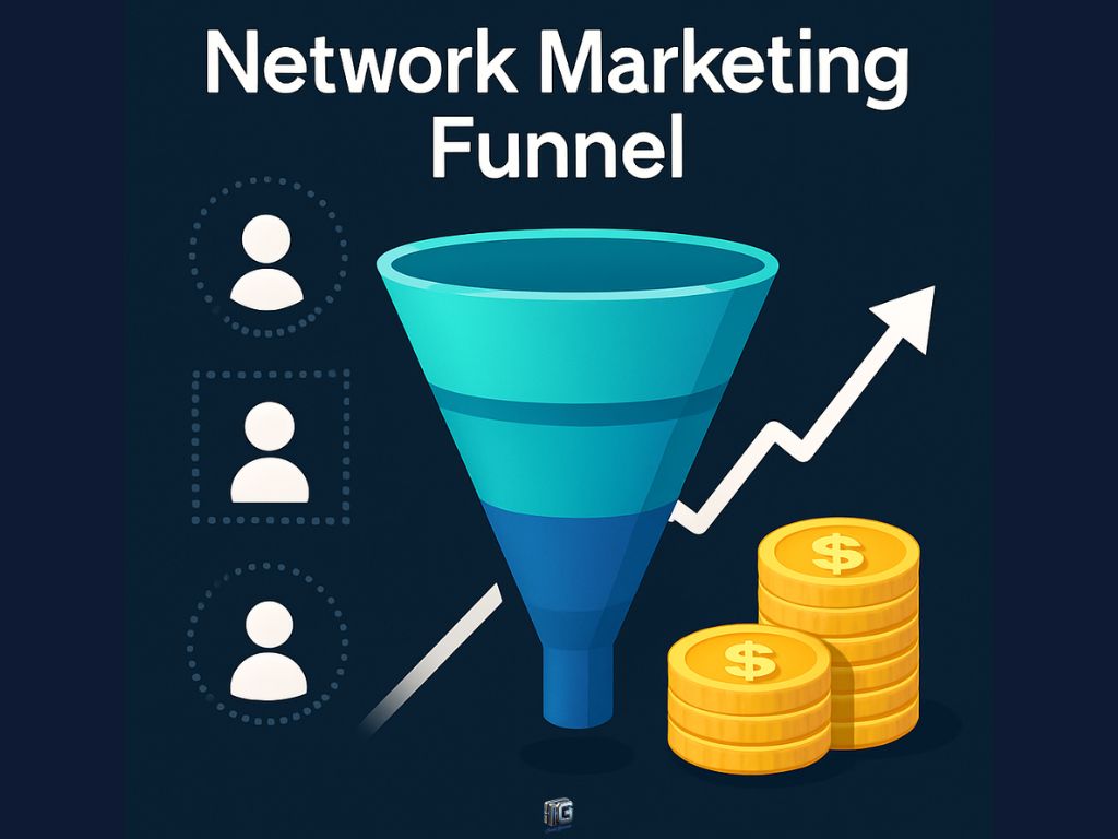 Network marketing funnel illustration with user icons entering a blue funnel and converting into money and growth—visualizing lead generation and affiliate income flow.