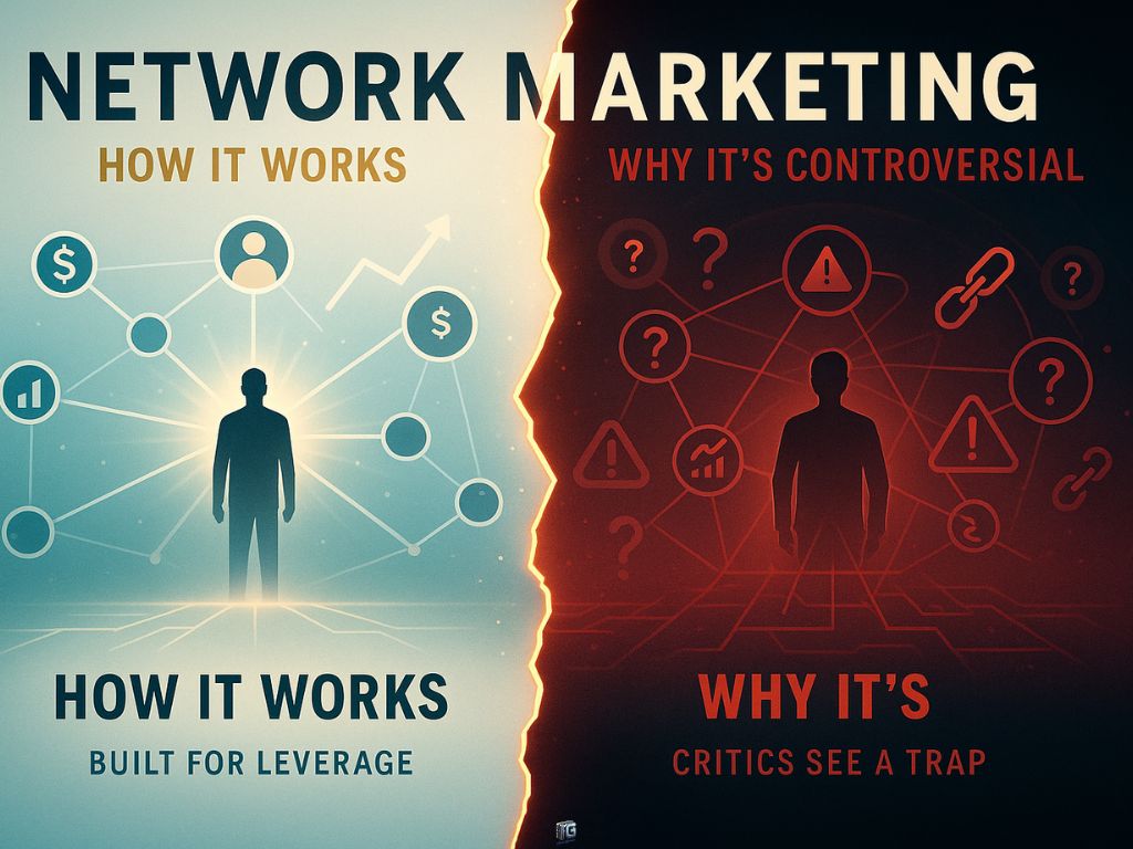 Split image showing the two sides of network marketing. Left side highlights leverage and earnings potential; right side shows controversy, warnings, and criticism. Title: "Network Marketing: How It Works and Why It's Controversial."
